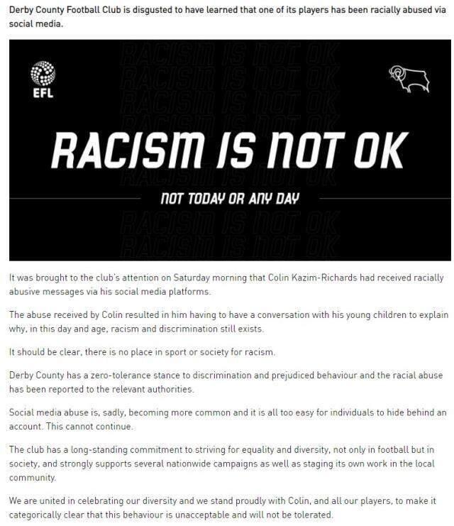 Derby Country'de forma giyen Colin Kazım Richards sosyal medyada ırkçı saldırılara maruz kaldı