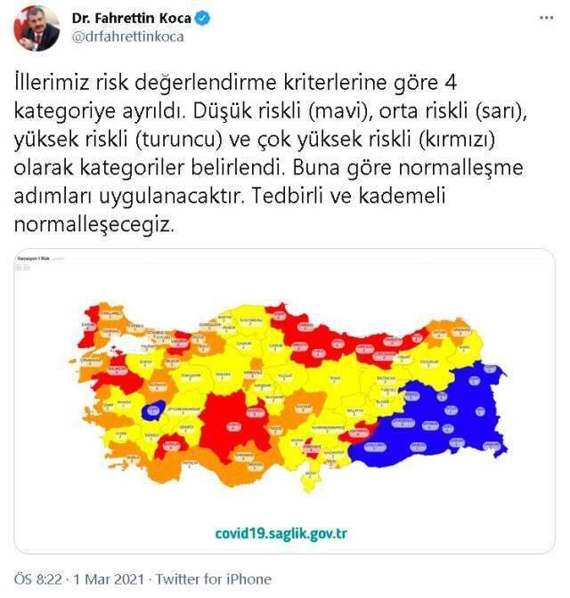 Düşük, Orta, Yüksek ve Çok Yüksek riskli şehirler hangileridir? Risklerine göre şehirler listesi! İl İl risk haritası! Düşük, Orta, Yüksek ve Çok Yüksek riskli şehirler hangileridir? Risklerine göre şehirler listesi! İl İl risk haritası!