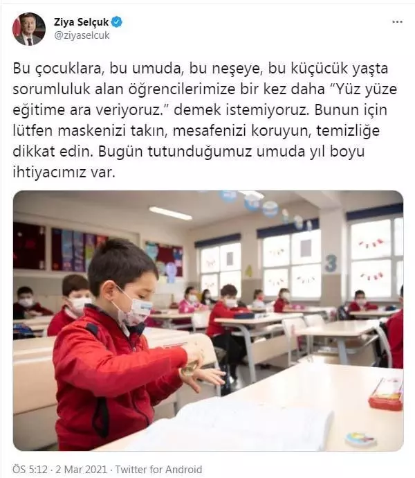Son dakika haberi: Milli Eğitim Bakanı Selçuk'tan 'maske, mesafe, temizlik' çağrısı Açıklaması Son dakika haberi: Milli Eğitim Bakanı Selçuk'tan 'maske, mesafe, temizlik' çağrısı Açıklaması