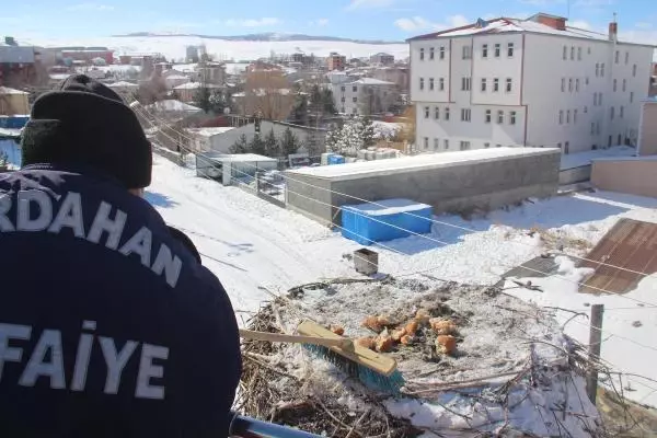 İtfaiye, karlı ve soğuk havada leylek yuvasına yiyecek bıraktı İtfaiye, karlı ve soğuk havada leylek yuvasına yiyecek bıraktı