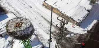 İtfaiye, karlı ve soğuk havada leylek yuvasına yiyecek bıraktı