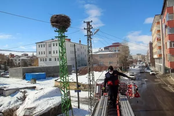 İtfaiye, karlı ve soğuk havada leylek yuvasına yiyecek bıraktı İtfaiye, karlı ve soğuk havada leylek yuvasına yiyecek bıraktı