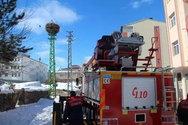 İtfaiye, karlı ve soğuk havada leylek yuvasına yiyecek bıraktı İtfaiye, karlı ve soğuk havada leylek yuvasına yiyecek bıraktı