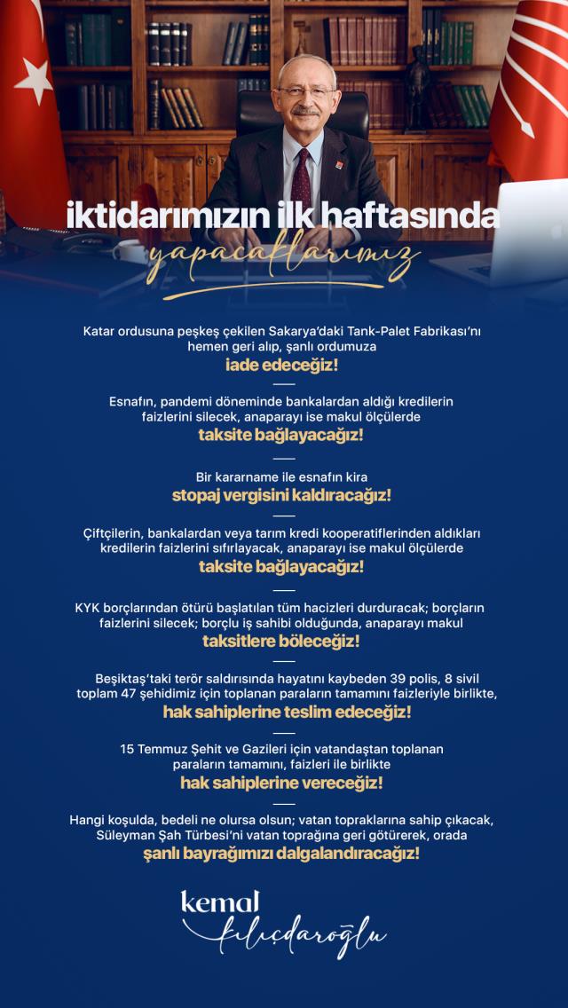 Kılıçdaroğlu'ndan 'İktidarımızın ilk haftasında yapacaklarımız' başlıklı 8 maddelik liste
