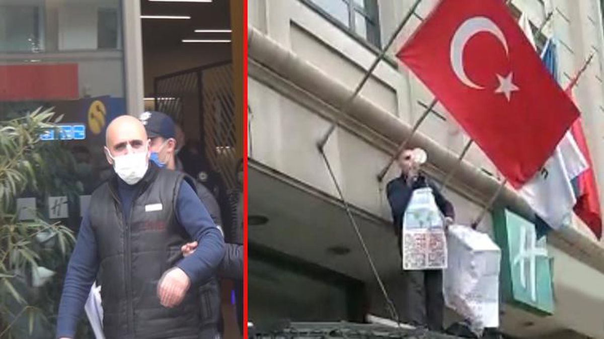 Otel girişine tırmanıp megafonla halka seslendi