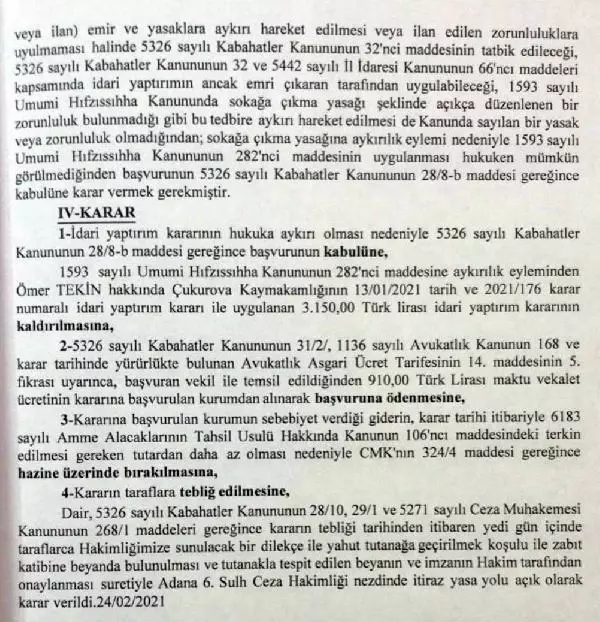 Adana'da mahkeme 'sokağa çıkma kısıtlaması ihlali' cezasını iptal etti