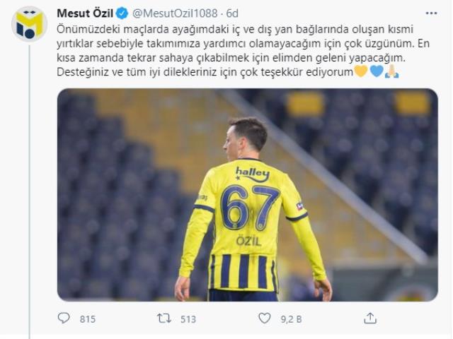 The first statement from Mesut Özil, who was injured in the Antalyaspor match: I will do my best to return as soon as possible.
