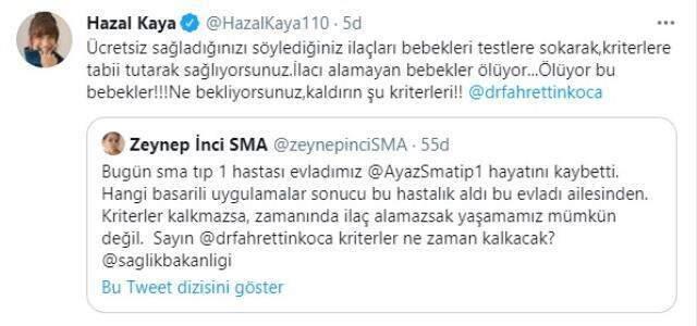 SMA hastası bebeğin ölüm haberini alan Hazal Kaya, Fahrettin Koca'ya sitem etti SMA hastası bebeğin ölüm haberini alan Hazal Kaya, Fahrettin Koca'ya sitem etti