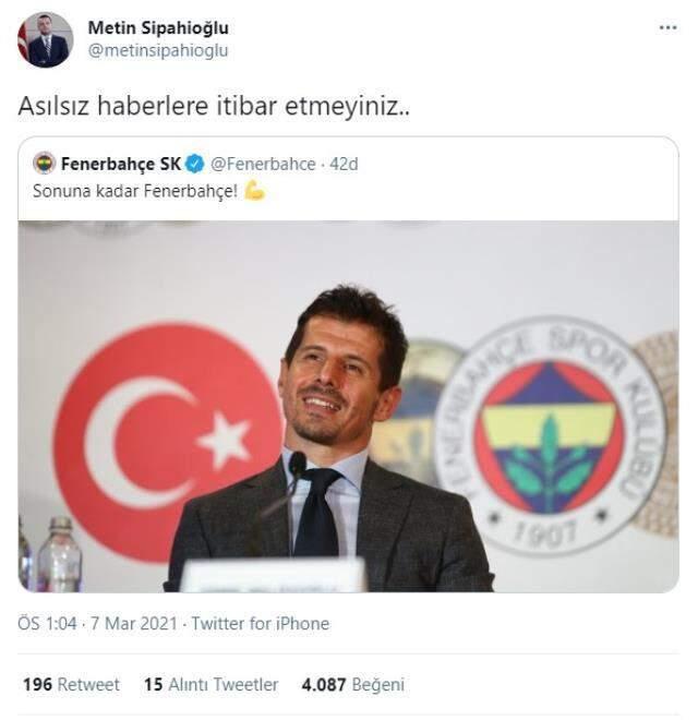 Fenerbahçe, sportif direktör Emre Belözoğlu'nun istifa ettiğine ilişkin iddiaları yalanladı Fenerbahçe, sportif direktör Emre Belözoğlu'nun istifa ettiğine ilişkin iddiaları yalanladı