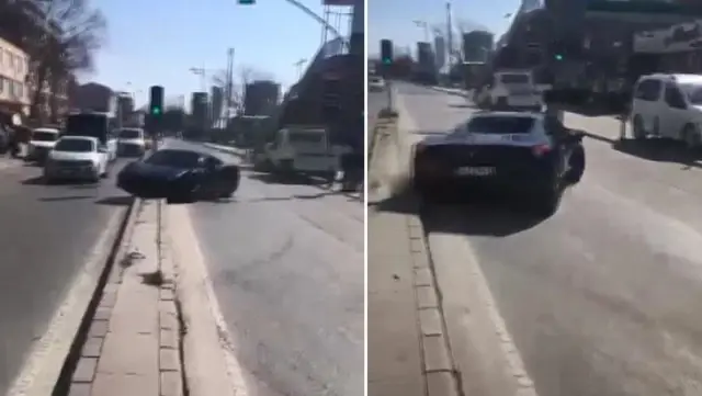 Şov yapmak isteyen sürücü, milyonluk otomobiliyle refüje çıktı Şov yapmak isteyen sürücü, milyonluk otomobiliyle refüje çıktı