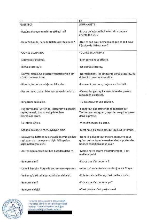 Belhanda'nın açıklamalarını tercüme ettiren G.Saray yönetimi, Faslı oyuncuyu antrenmandayken gönderdi