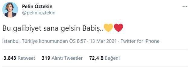 Pelin Öztekin'den Galatasaray maçı sonrası duygulandıran paylaşım: Bu galibiyet sana gelsin Babiş