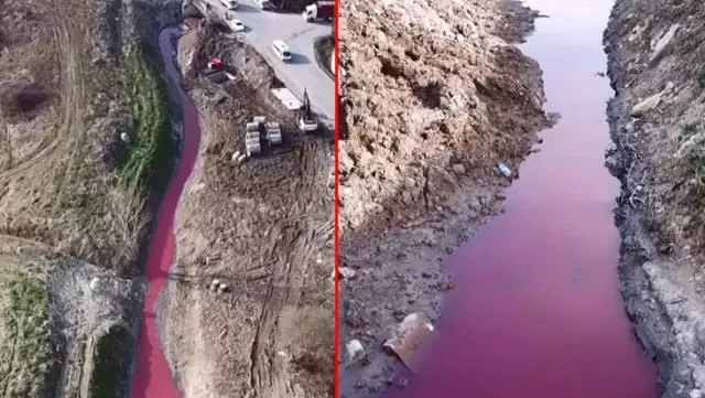 Fabrikaların olduğu alanda bulunan derenin rengi kırmızıya döndü Fabrikaların olduğu alanda bulunan derenin rengi kırmızıya döndü