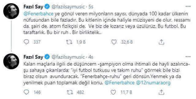 Fazıl Say: Fenerbahçe'ye gönül veren milyonların sayısı, dünyada 100 kadar ülkenin nüfusundan bile fazladır