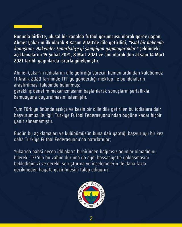 Fenerbahçe, Ahmet Çakar'ın ortaya attığı iddiaların araştırılmasına ilişkin çağrıda bulundu