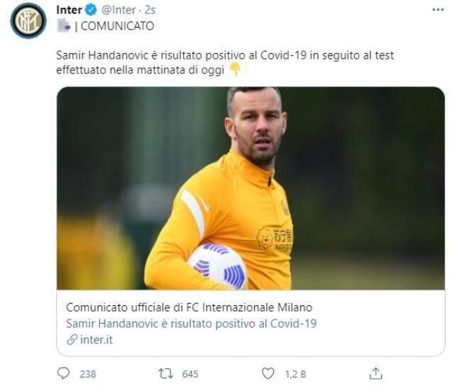 İtalya Serie A ekiplerinden Inter'in kalecisi Samir Handanovic, koronavirüse yakalandı