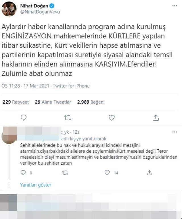 Nihat Doğan'ın HDP'nin kapatılmasına karşı çıktığı paylaşımına tepki yağdı