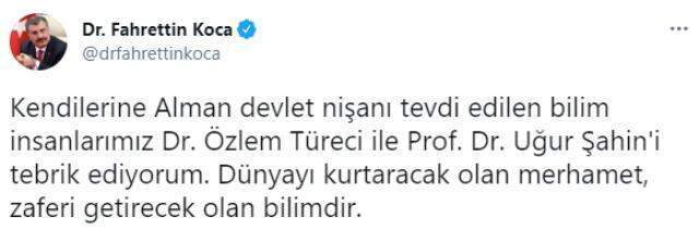 Bakan Koca, Almanya'da liyakat nişanı alan Dr. Özlem Türeci ve Prof. Dr. Uğur Şahin'e tebrik etti