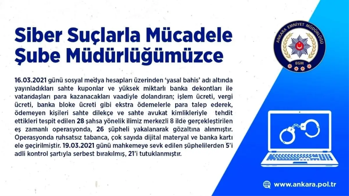 Ankara Emniyet Müdürlüğü'nden bahis operasyonu: 21 şahıs tutuklandı