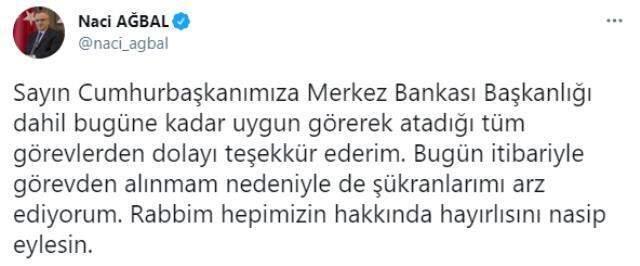 Görevden alınan Eski Merkez Bankası Başkanı Ağbal'dan ilk açıklama: Cumhurbaşkanımıza atadığı tüm görevlerden dolayı teşekkür ederim