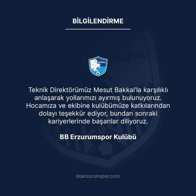 Büyükşehir Belediye Erzurumspor, teknik direktör Mesut Bakkal ile yollarını ayırdı