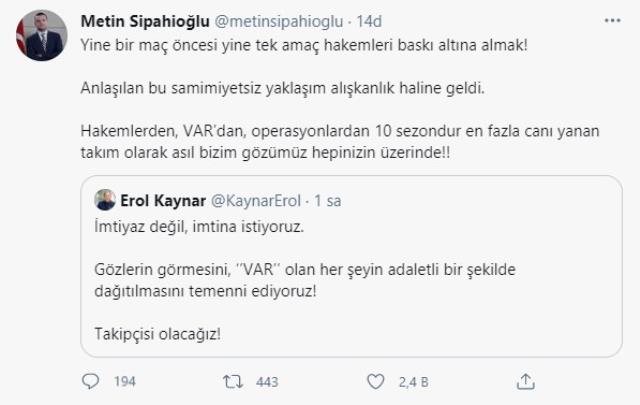 Erol Kaynar'ın 'Takipçisi olacağız' mesajına Metin Sipahioğlu'ndan yanıt: Tek amaçları hakemleri baskı altına almak