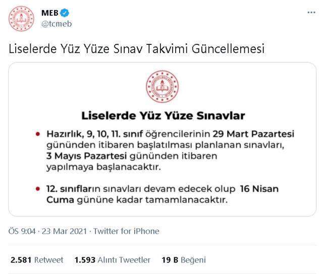 Son Dakika: Liselerde yüz yüze sınavlar hangi tarihe ertelendi? Yüz yüze sınavlar 3 Mayıs tarihinde mi yapılacak?