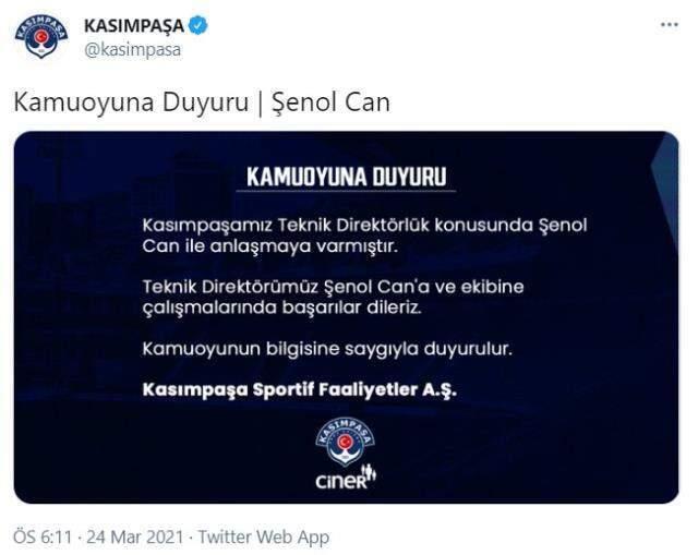 Kasımpaşa'nın yeni teknik direktörü Şenol Can oldu