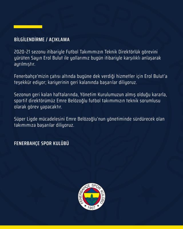 Son Dakika: Fenerbahçe Erol Bulut ile yollarını ayırdı