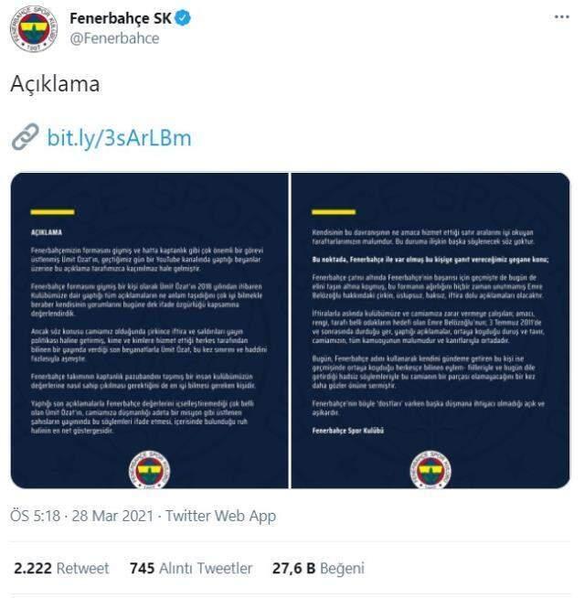 Fenerbahçe strongly responded to Ümit Özat's allegations regarding Emre Belözoğlu