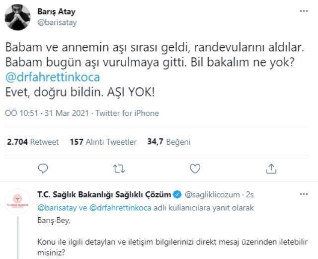 Barış Atay'ın 'Annem-babam aşı vurulmaya gitti, aşı yok' paylaşımına Sağlık Bakanlığı'ndan yanıt