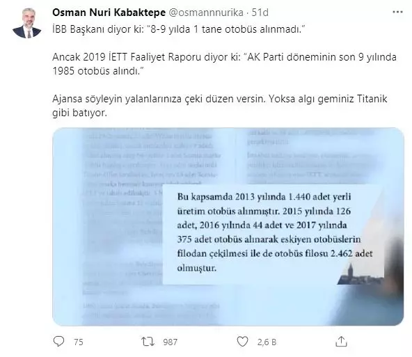AK Parti İstanbul İl Başkanı Kabaktepe'den Ekrem İmamoğlu'na yanıt: Algı geminiz Titanik gibi batıyor AK Parti İstanbul İl Başkanı Kabaktepe'den Ekrem İmamoğlu'na yanıt: Algı geminiz Titanik gibi batıyor