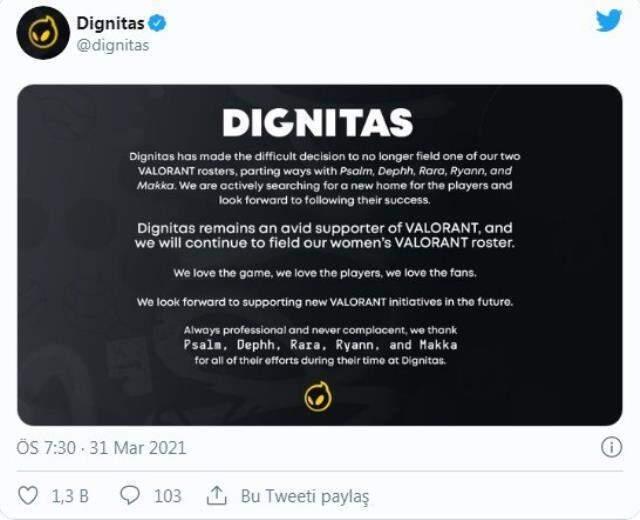Dignitas, Valorant kadrosu ile yollarını ayırdığını açıkladı! Dignitas, Valorant kadrosu ile yollarını ayırdığını açıkladı!