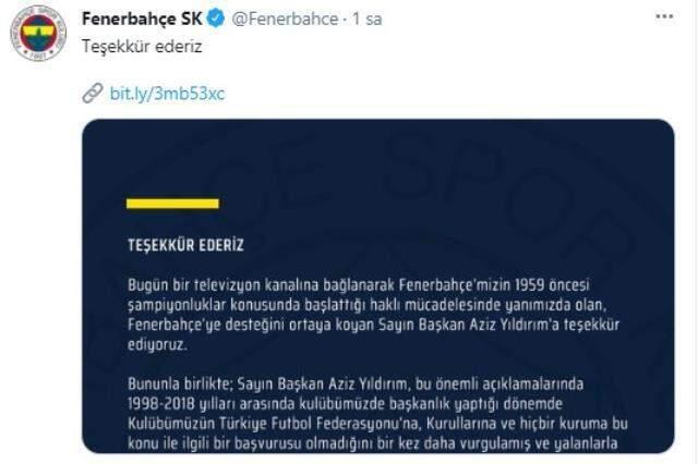 Thank you message from Fenerbahçe to Aziz Yıldırım