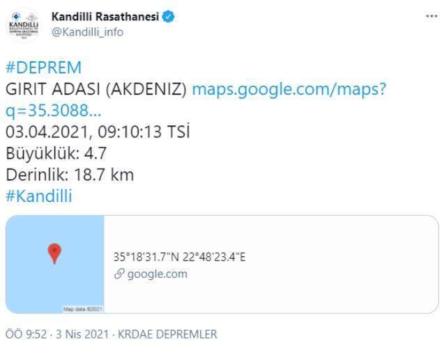 Akdeniz'de 4.7 büyüklüğünde deprem