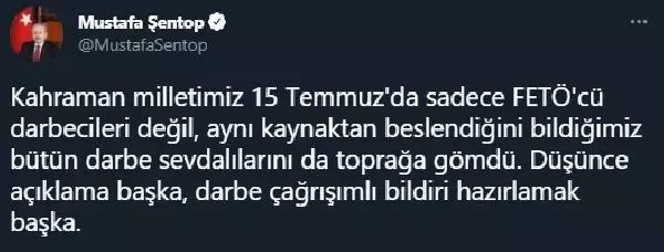 Şentop: Düşünce açıklama başka, darbe çağrışımlı bildiri hazırlamak başka Şentop: Düşünce açıklama başka, darbe çağrışımlı bildiri hazırlamak başka
