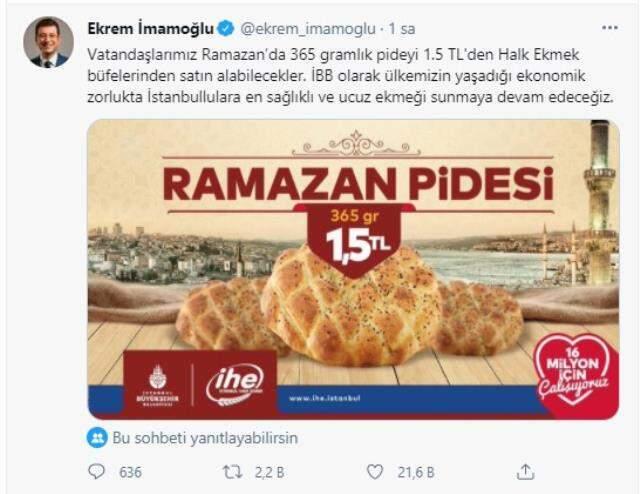 RAMAZAN AYINDA 365 GRAMLIK PİDE HALK EKMEK'TE 1,5 TL'DEN SATILACAK RAMAZAN AYINDA 365 GRAMLIK PİDE HALK EKMEK'TE 1,5 TL'DEN SATILACAK