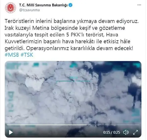 MSB: Irak'ın kuzeyinde 5 PKK'lı etkisiz hale getirildi MSB: Irak'ın kuzeyinde 5 PKK'lı etkisiz hale getirildi