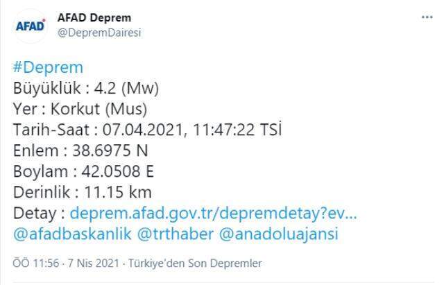 Muş'ta 4.2 büyüklüğünde deprem