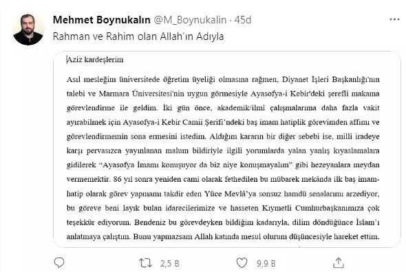 Ayasofya Camii imamından istifa açıklaması Ayasofya Camii imamından istifa açıklaması