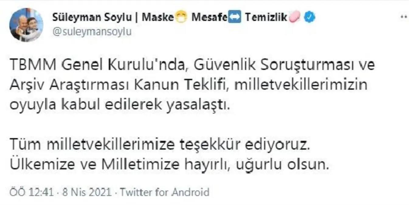 Bakan Soylu: Tüm milletvekillerimize teşekkür ediyorum