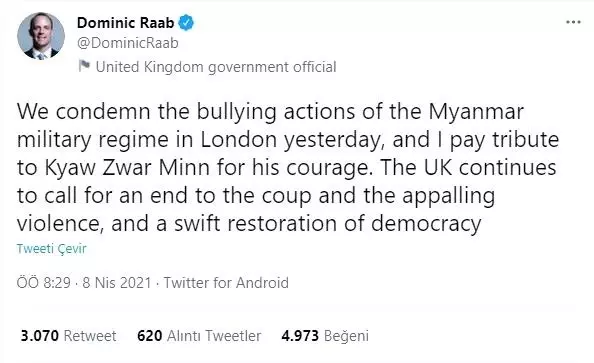 İngiltere Dışişleri Bakanlığı'ndan Myanmar'a büyükelçi tepkisi: 'Askeri rejimin zorbalığını kınıyoruz' İngiltere Dışişleri Bakanlığı'ndan Myanmar'a büyükelçi tepkisi: 'Askeri rejimin zorbalığını kınıyoruz'