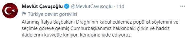 Son Dakika: İtalya'nın Ankara Büyükelçisi, Başbakan Draghi'nin sözleri nedeniyle Dışişleri'ne çağrıldı Son Dakika: İtalya'nın Ankara Büyükelçisi, Başbakan Draghi'nin sözleri nedeniyle Dışişleri'ne çağrıldı