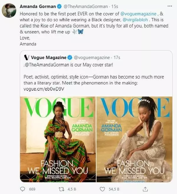 Vogue dergisinin kapağındaki ilk şair Amanda Gorman oldu Vogue dergisinin kapağındaki ilk şair Amanda Gorman oldu