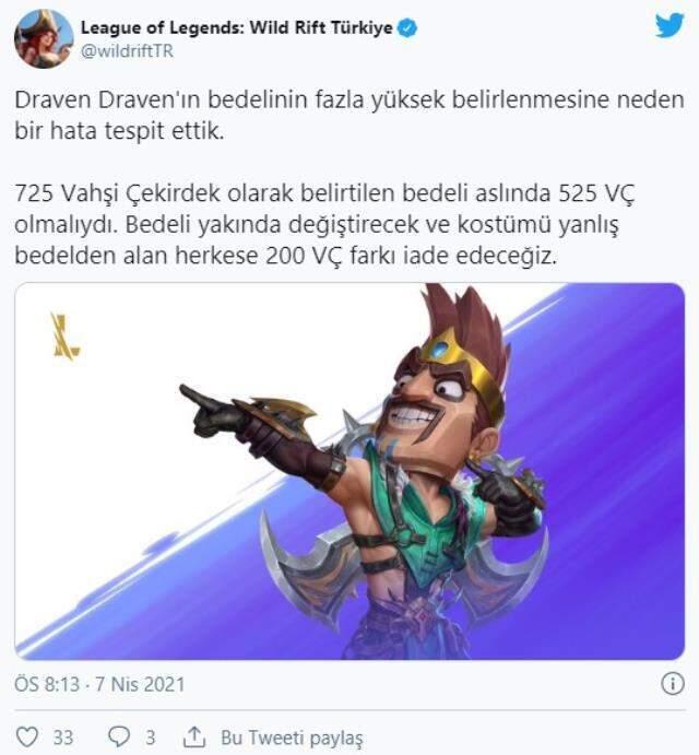 Wild Rift'de Draven'in fiyatı ile ilgili problem gideriliyor Wild Rift'de Draven'in fiyatı ile ilgili problem gideriliyor