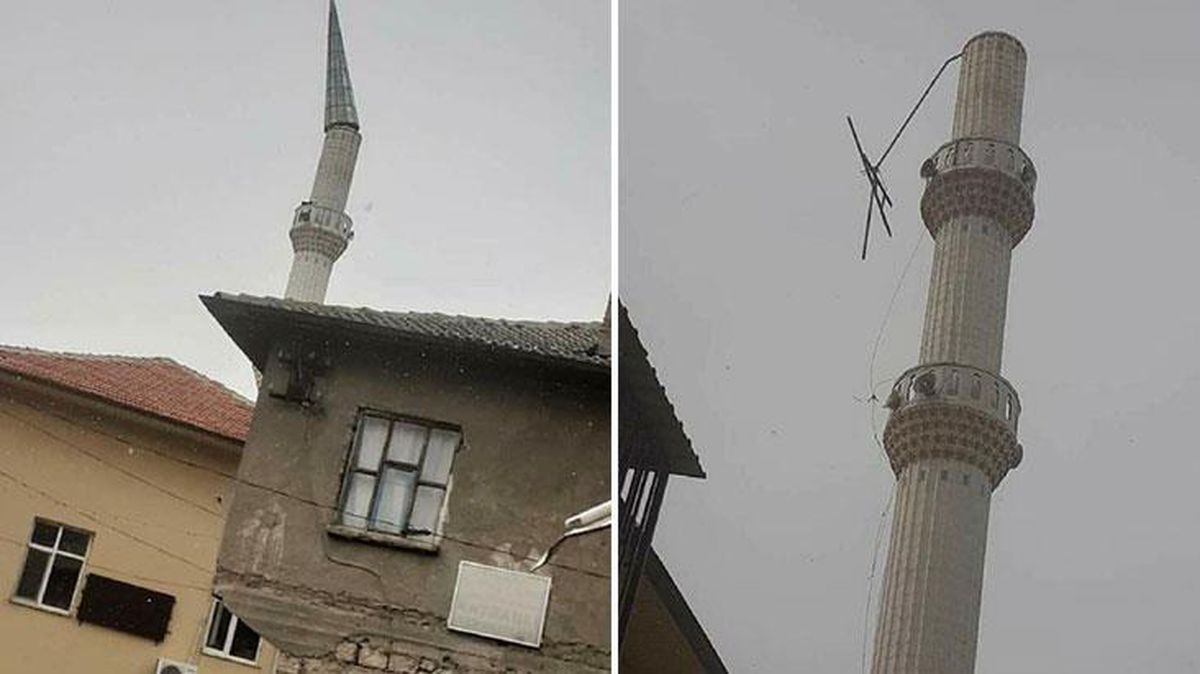 Şiddetli fırtına cami minaresinin külahını uçurdu