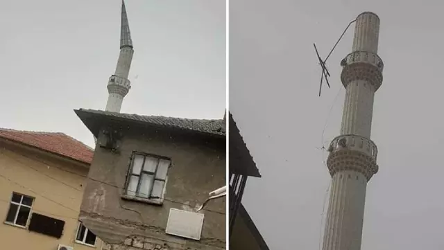 Şiddetli fırtına cami minaresinin külahını uçurdu Şiddetli fırtına cami minaresinin külahını uçurdu