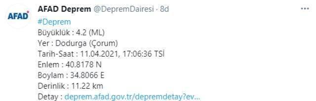 Çorum'da 4.2 büyüklüğünde deprem Çorum'da 4.2 büyüklüğünde deprem