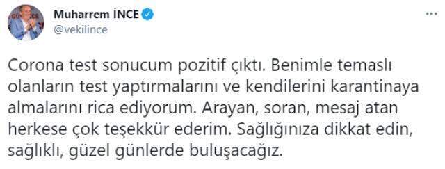 Muharrem İnce, koronavirüse yakalandı