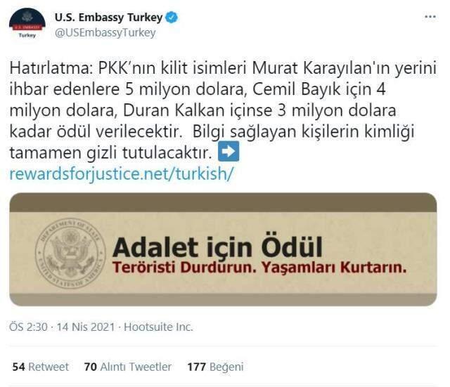 ABD'nin Ankara Büyükelçiliği, terör örgütü PKK'nın kilit isimlerinin başına ödül koydu ABD'nin Ankara Büyükelçiliği, terör örgütü PKK'nın kilit isimlerinin başına ödül koydu
